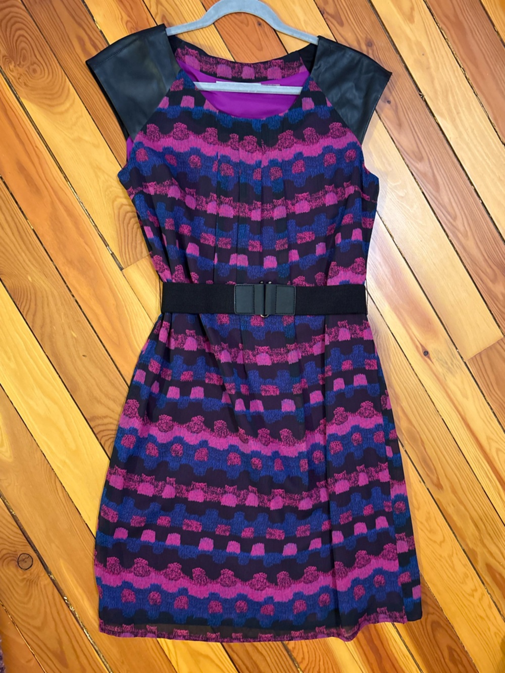 Women’s Purple & Black color block Belted Dress, Andrew Marc, New York, business